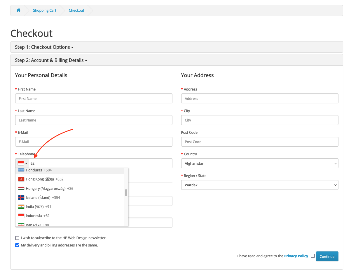 country code selection on opencart default checkout